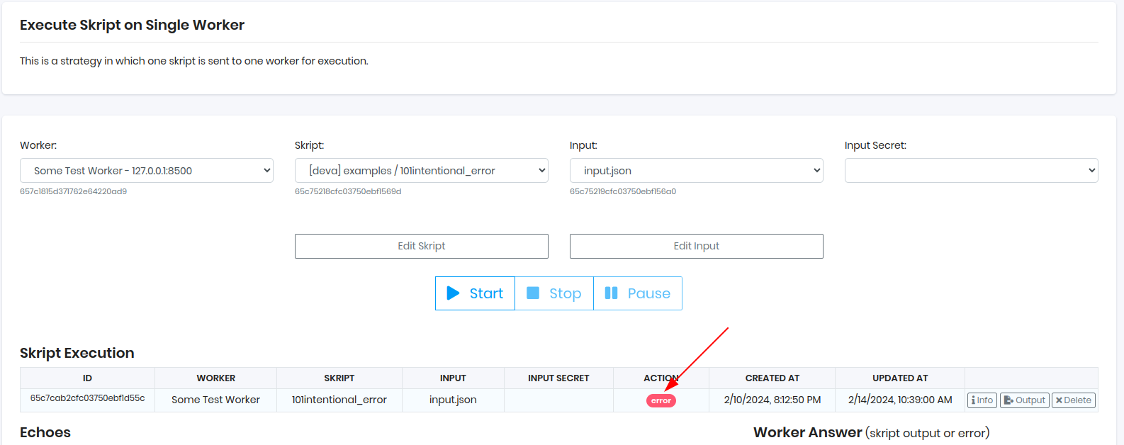 DEX8 Web Panel - Execute Skript - Single Worker - Error