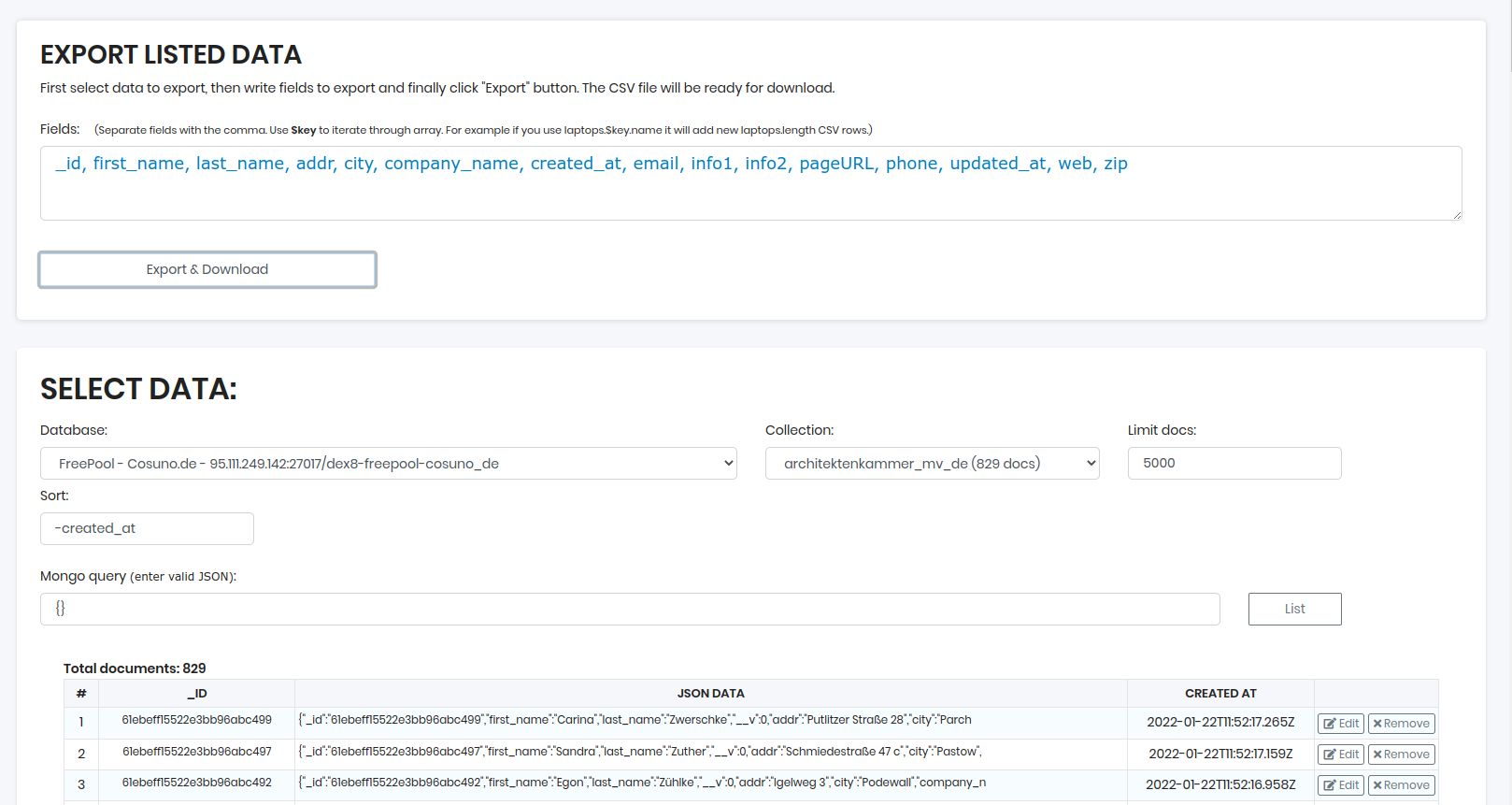 DEX8 Web Panel - Mongo to CSV Exporter