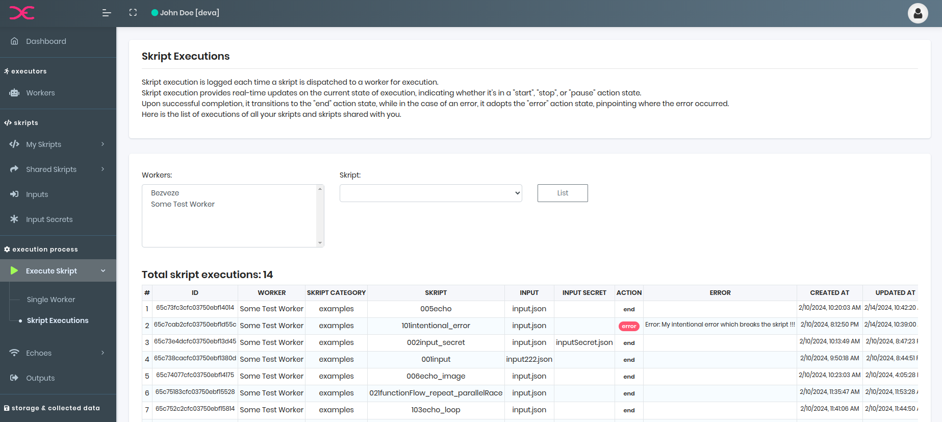 DEX8 Web Panel - Skript Executions List