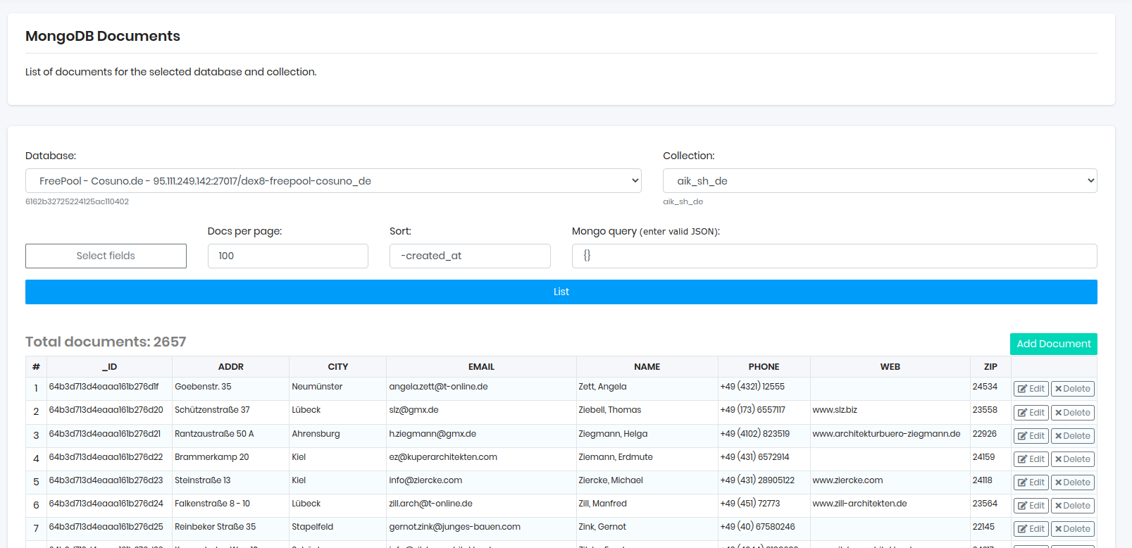 DEX8 Web Panel - Storage - Mongo - Documents